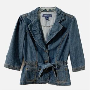 Baccini Button Front Tie Waist Belted Denim Jacket Pockets Three Quarter Sleeves